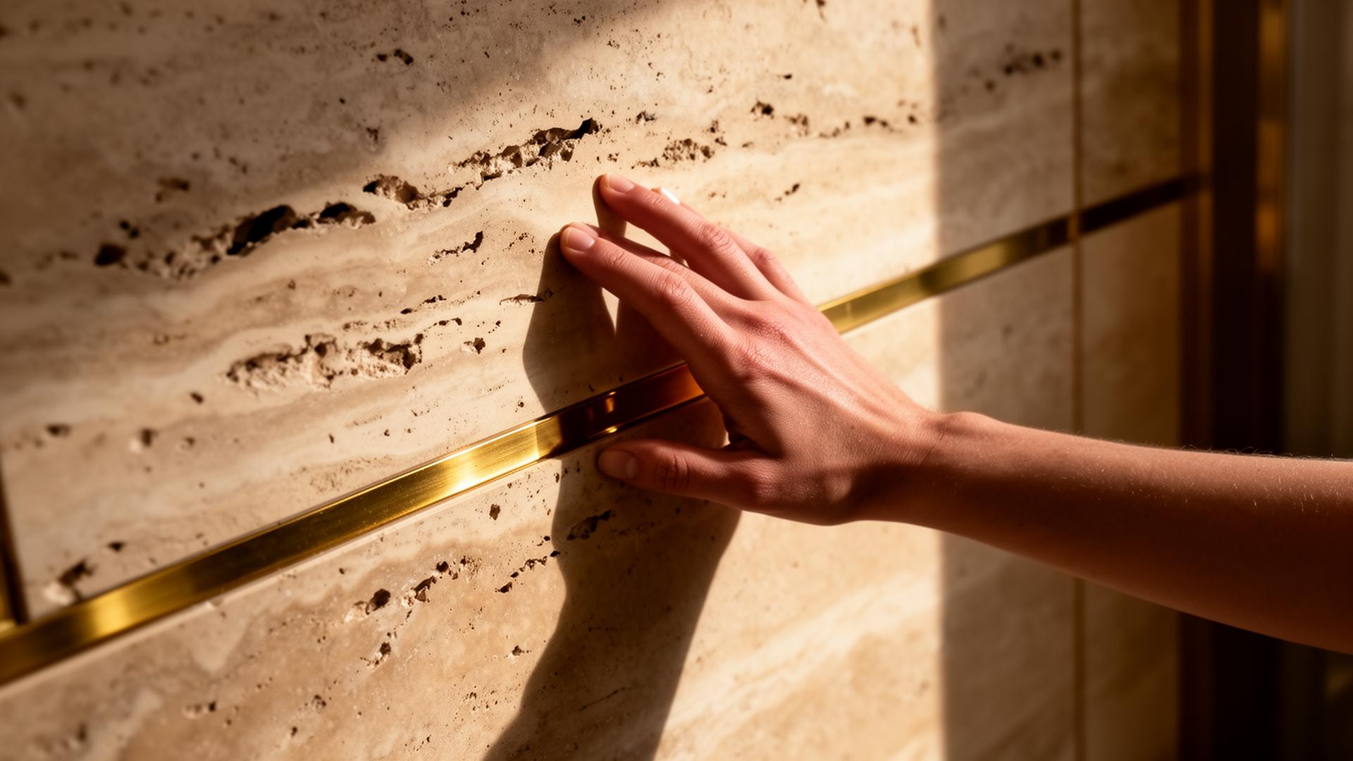 Hand against a wall of travertine with brass inlay